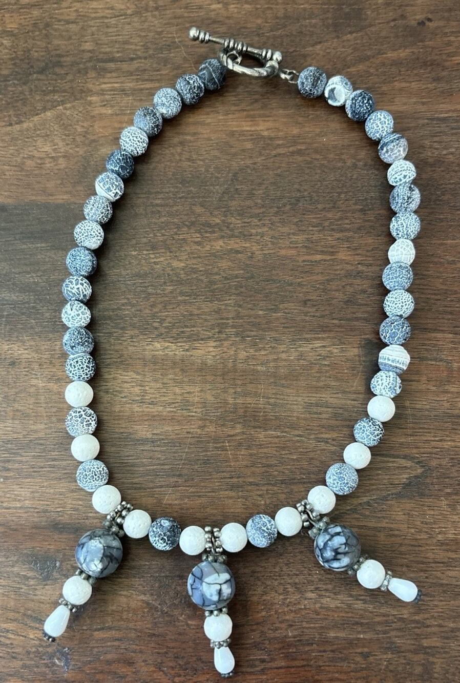 Handmade Dragon Vein Agate & White Stone Beaded Necklace Blue Boho Toggle 16”